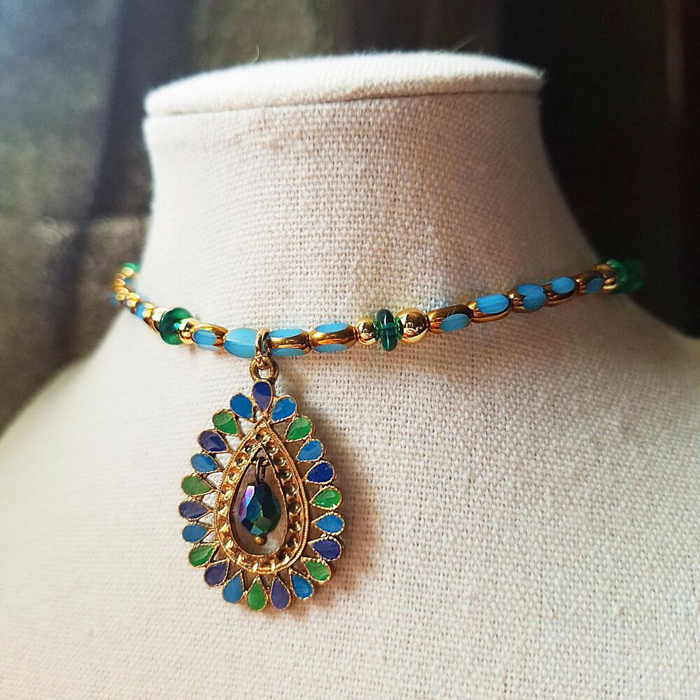 Peacock Inspired Vintage Pendant Choker Teal & Blue Glass, 24k Gold Plated Steel